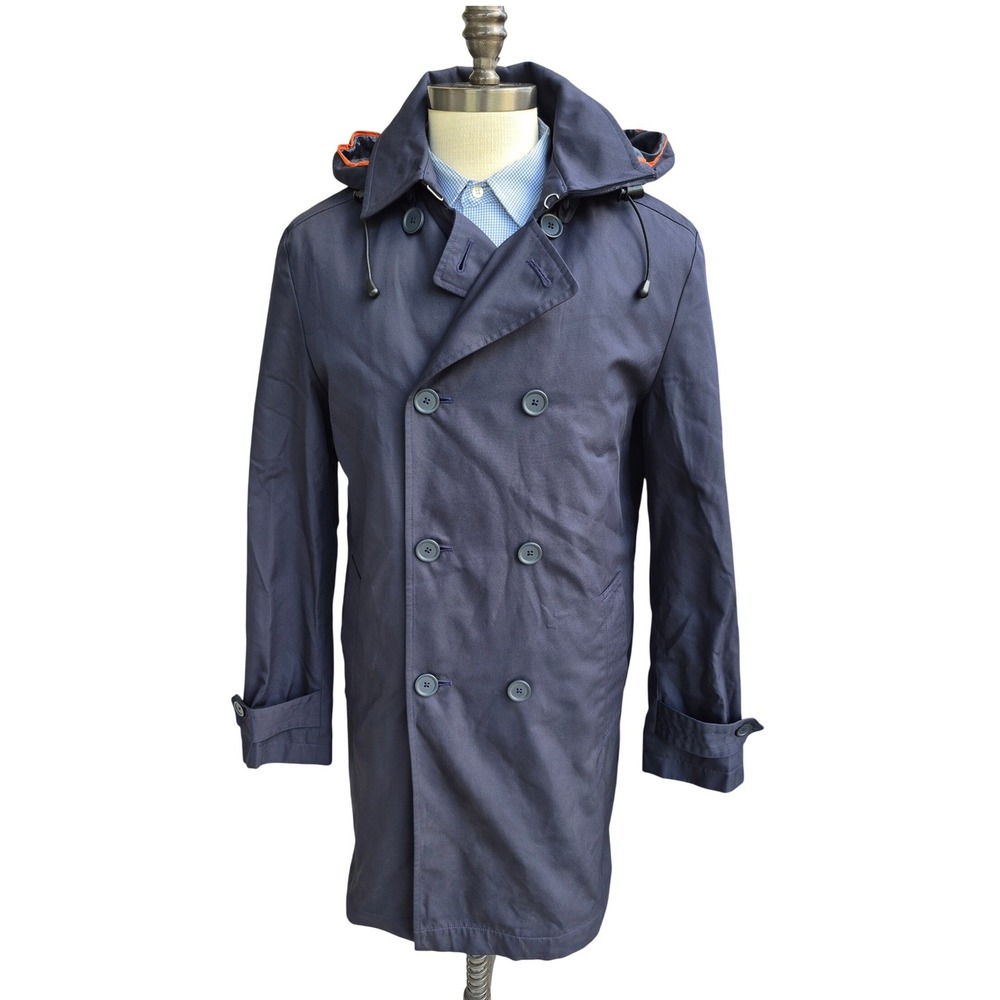 Stan Herman x JetBlue Navy Blue Double Breasted Trench Coat Hooded‎ Collar Sz S